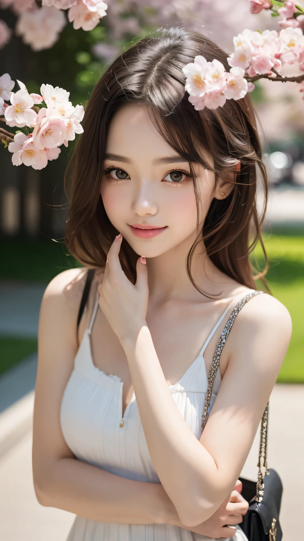 highest quality, masterpiece, Ultra-high resolution (Realistic: 1.4), RAW Photos, 1 girl, White Dress, Exposing shoulders, A field full of pink flowers, Glowing Skin, smile