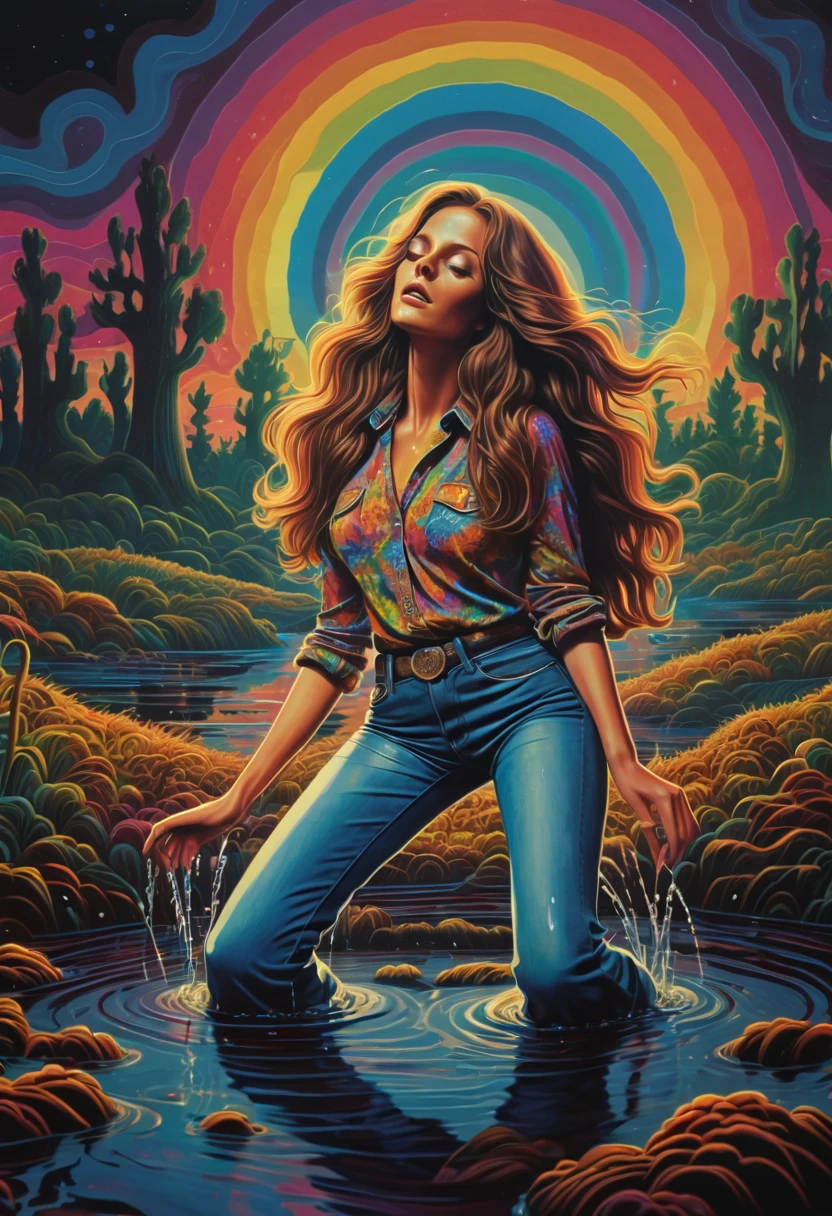 (cartoon,masterpiece:1.2), 70s setting, woman with long flowing hair, wearing soaking wet and muddy jeans, experiencing sexual tension, drowning in a bog, surrounded by colorful psychedelic patterns. The atmosphere is retro with a dark ambiance, creating a sense of sexual ???????. The lighting is dim, casting an alluring glow over the scene.