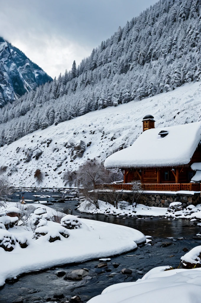 House nestled in the mountains, a big river flowing by, intricately detailed rocks with snow caps, sharp focus, insanely detailed, 8K resolution, 50-mm-lens.
A serene scene of a house perched on a mountainside, the mighty river gushing by, with meticulously depicted rocks adorned with snow. This exceptional image boasts a sharp focus and exquisite details, meticulously captured in an 8K resolution using a 50-mm-lens.