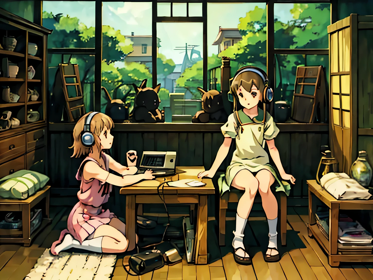 Anime sitting at a table with a laptop and headphones, lob, lob art style, lo-fi art, lo-fi girl aesthetic, Lo-fi feeling, Satoshi can do art style, cores lob, chihiro! fujisaki,. Studio Ghibli Anime Fabric Capture, Non-animated style Ghibli, lob, Non-animated style Ghibli, dark environment
