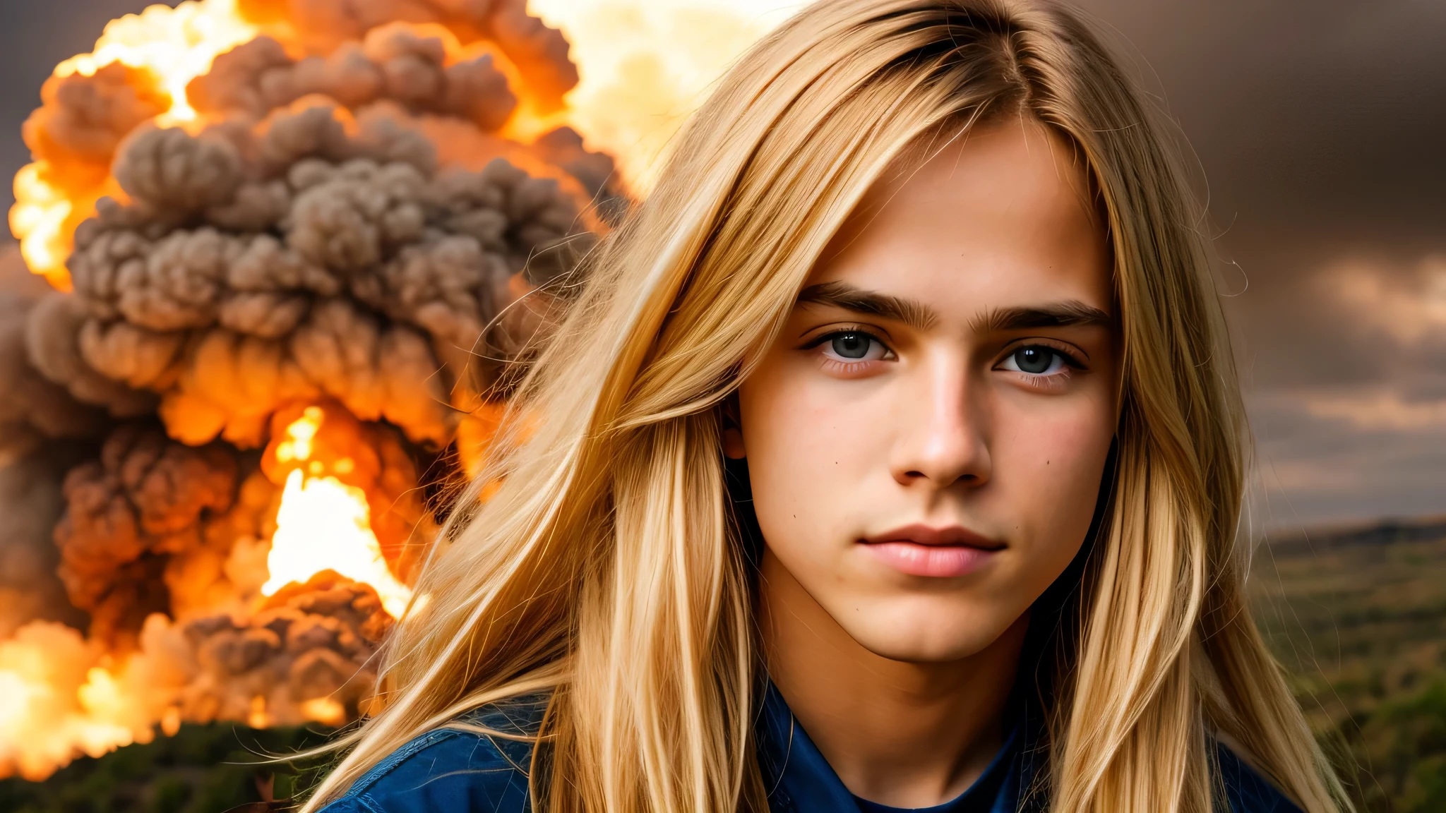 KIDS MAN ROCK JACK BLONDE LONG hair, portrait photo, DANGEROUS NUCLEAR EXPLOSION