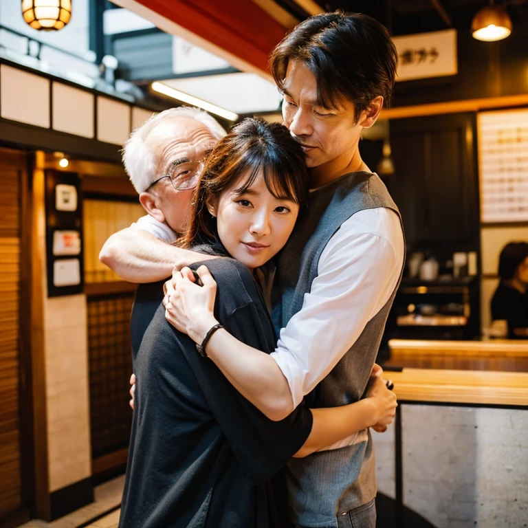 An old man is glaring at the man and woman hugging each other over sushi