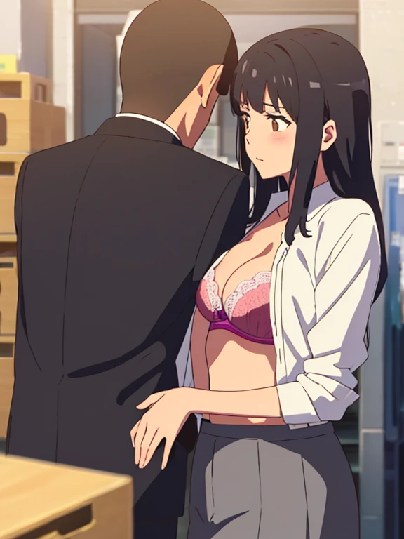 shinkai makoto, kimi no na wa., 1boy, buzzcut,office suit, boy caressing girl's body, kiss cheeks, passionate hug, boy is hugging from behind, breast groping from behind, 1girl, bangs, black hair, open mouth, brown eyes, Twisted Half Up, red ribbon, long hair, yellow blouse, open shirt, unbuttoned shirt, pink bra, cleavage, breast, medium breast, long gray skirt, storage room, indoors, masterpiece, perfect anatomy, cowboyshot