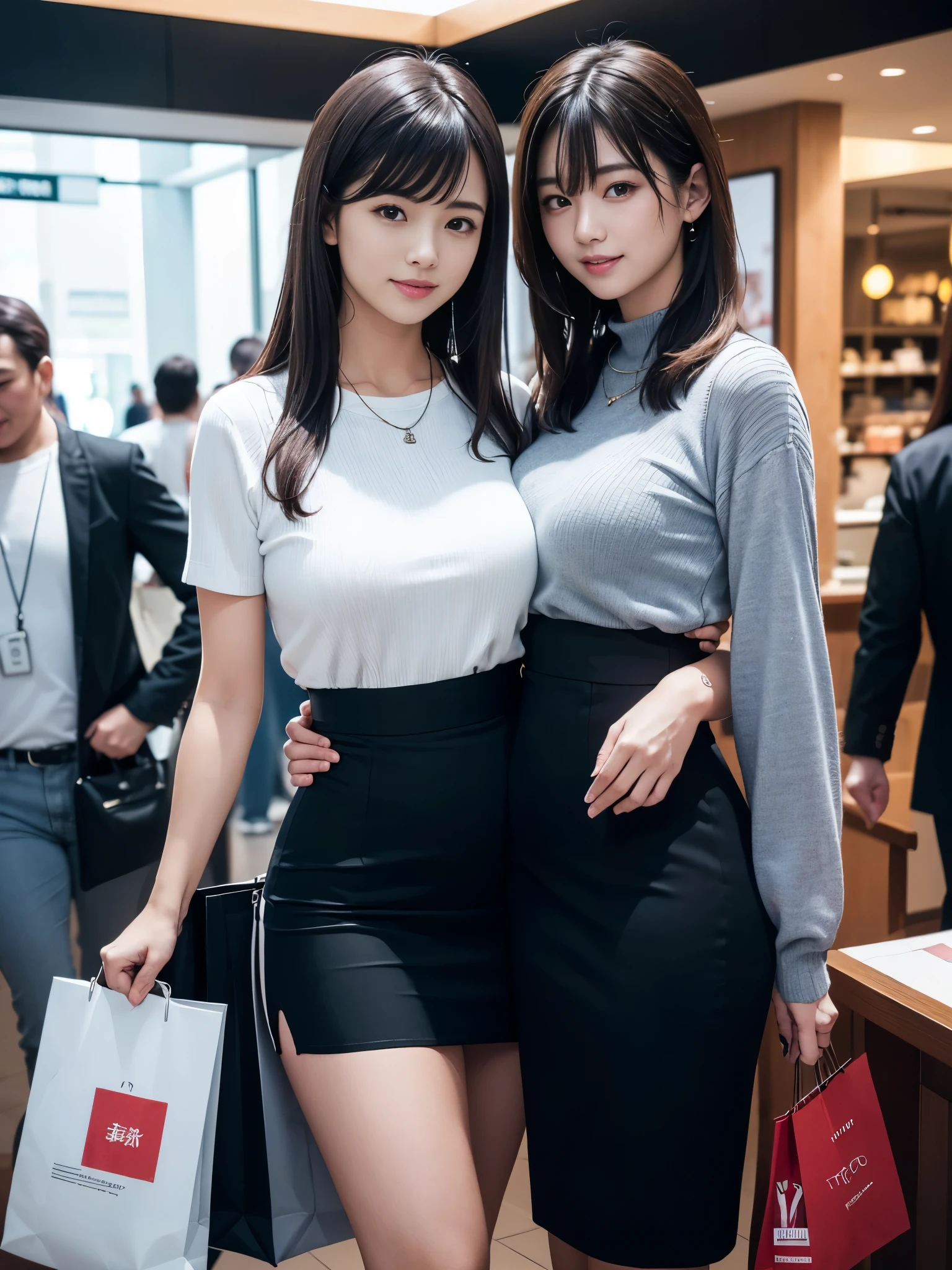 (Best Quality, Masterpiece, Photo realistic, Ultra Detailed, ultra high res, raw:1.3), (2 girls:1.3), beautiful, Japanese, mature, 28yo, (tight knit, pencil skirt), (smile), long hair, bangs, high-waist, necklace, shopping mall, cowboy shot, good thigh, (big breasts:1.3)