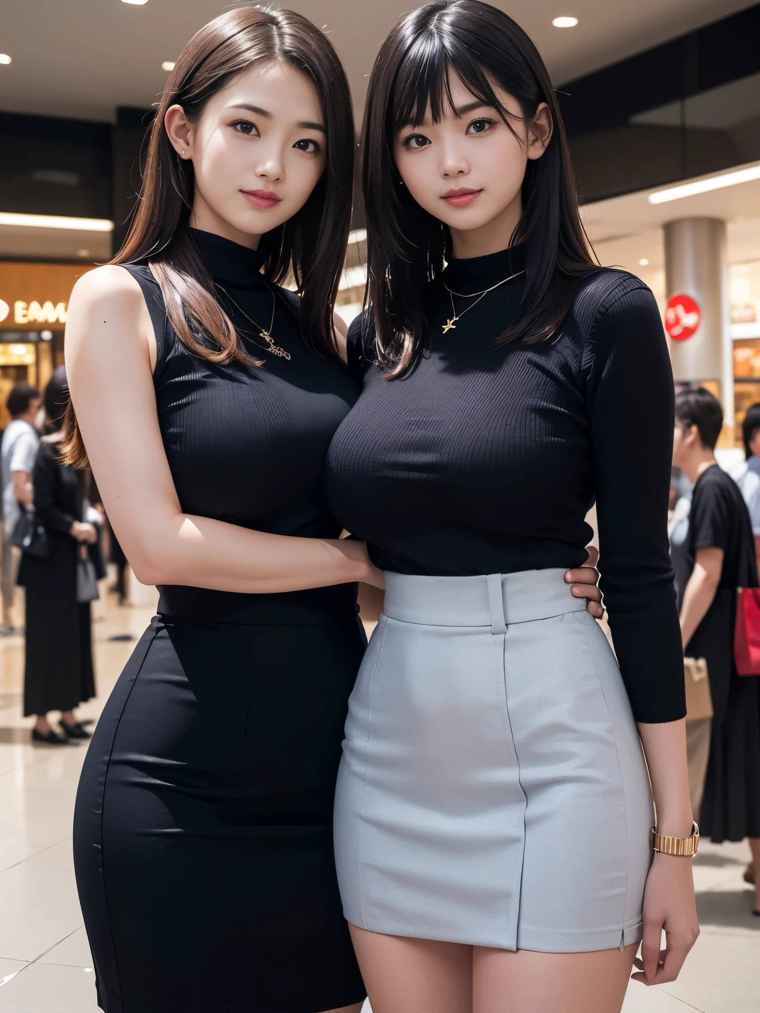 (Best Quality, Masterpiece, Photo realistic, Ultra Detailed, ultra high res, raw:1.3), (2 girls:1.3), beautiful, Japanese, mature, 28yo, (tight knit, pencil skirt), (smile), long hair, bangs, high-waist, necklace, shopping mall, cowboy shot, good thigh, (big breasts:1.3)