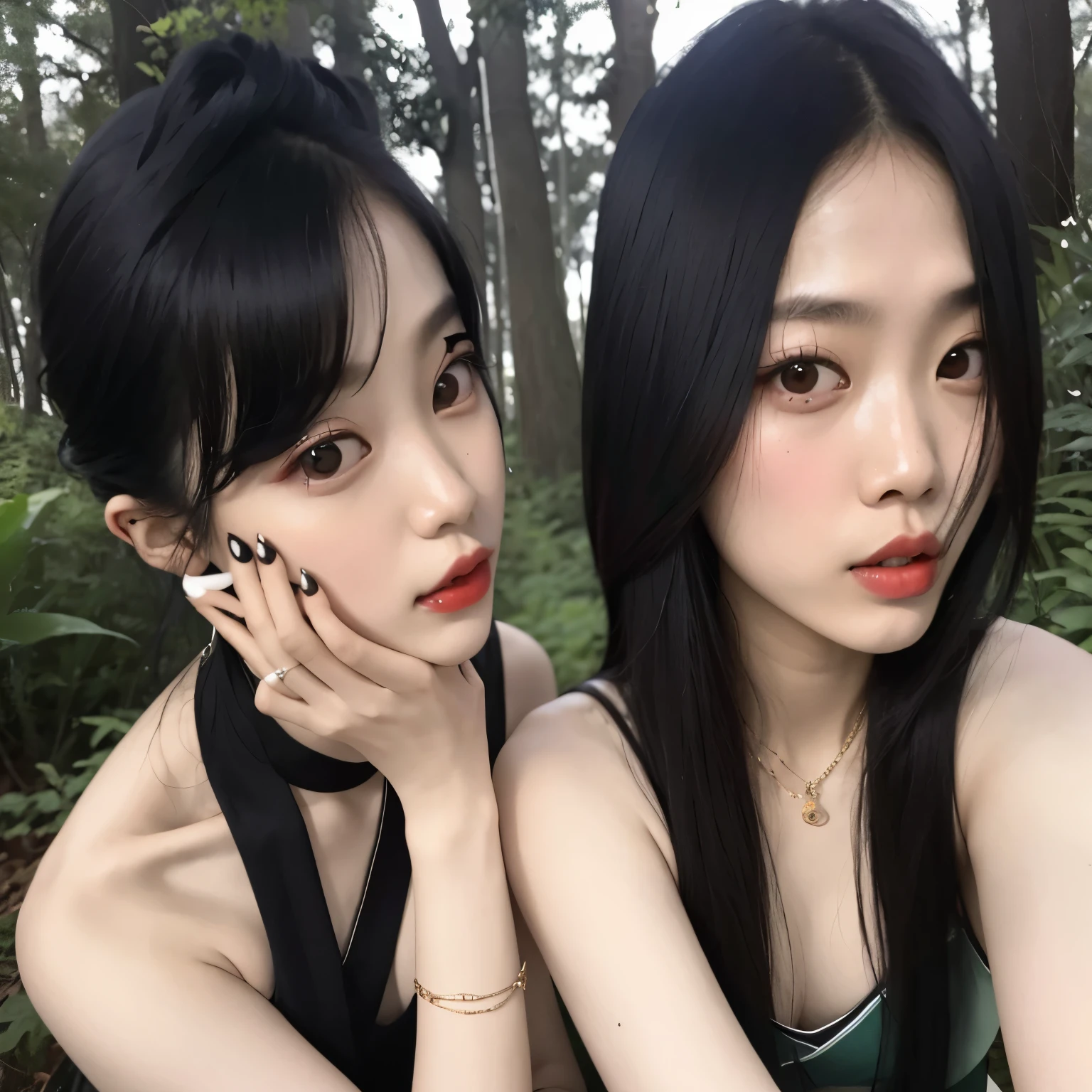 two asian women sitting next to each other in a forest, Ulzzang, com preto, beautiful Gemini twins, fair and pale skin!!, nixeu e sakimichan, kanliu666, rosa negra, Duas garotas, Jinyoung Shin, pale, snow-white skin, asian features, imagem de perfil, Yanjun Chengt, they are pixivs and junji