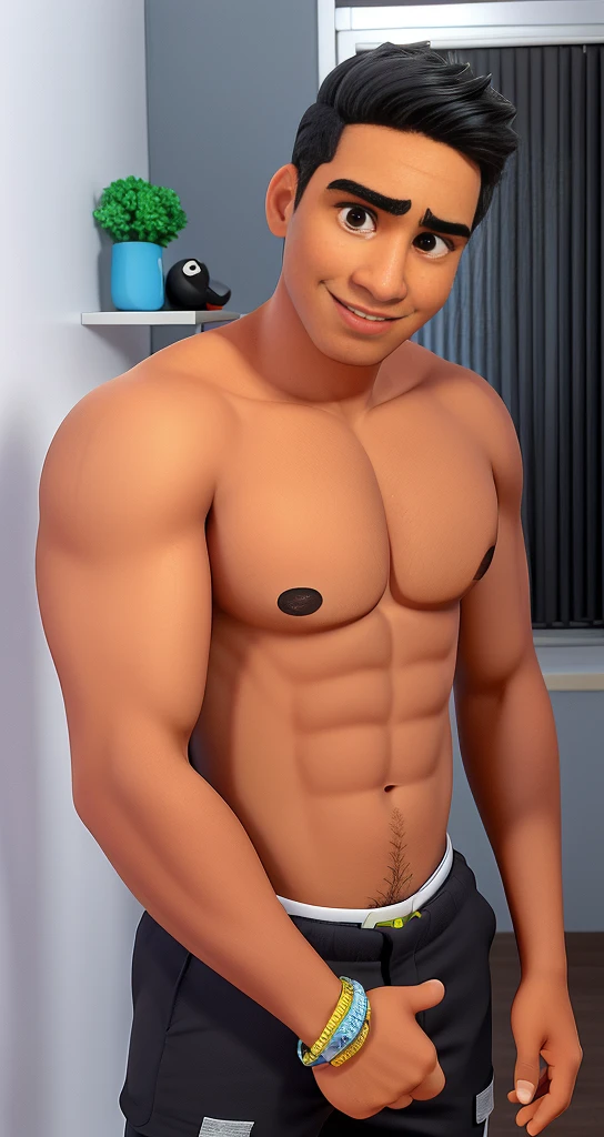 a young 18 year old male, athletic body, scar on the chest, tanned skin, black hair, blue eyes, wearing only underwear, in the bedroom