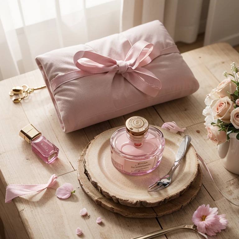 pink desktop，Put a pink cloth，There are roses and petals around and a small pink perfume bottle，There is nothing in the middle of the table