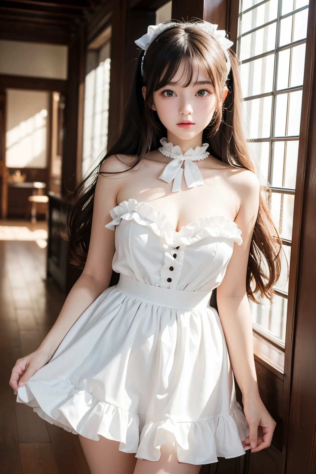 best quality, 32k, RAW photo, incredibly absurdres, extremely detailed, delicate texture, neat and cute girl, 18 years old, shy, a frilly, fluffy pure white dress like an idol's, skirt lift, perfect body line, beautiful glossy hair, wind, professional lighting