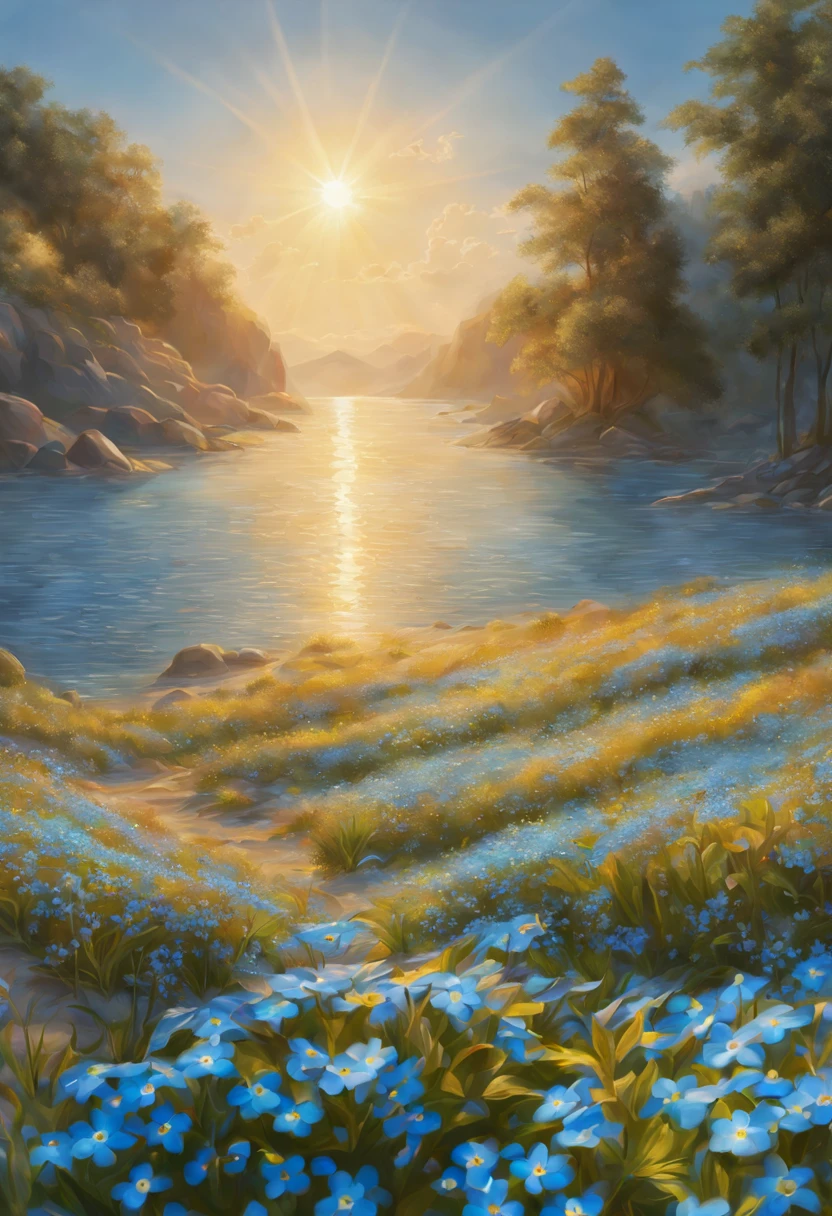 Shore, forget-me-not flowers, Half of the sun&#39;s disk is visible, the sun has colorful rays, water, NOhumans, landscape, still life, many (style) (masterpiece:1.2), Best quality, a high resolution, original, extremely detailed wallpaper, perfect lighting,(extremely detailed:1.2), drawing, brush