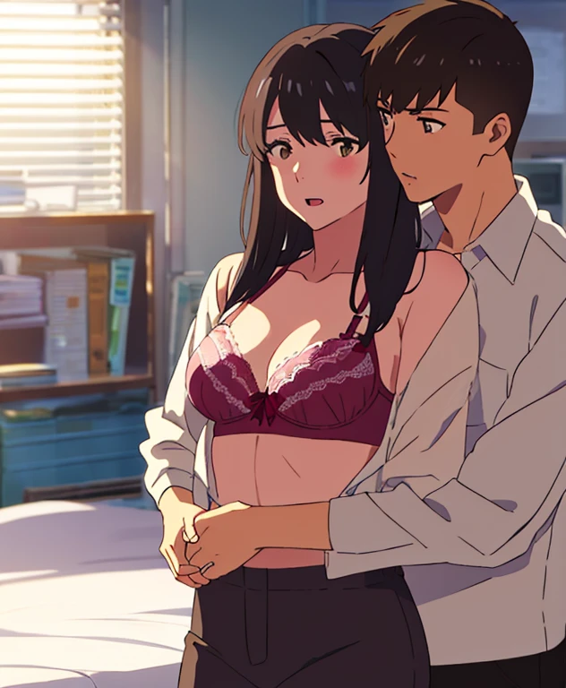 shinkai makoto, kimi no na wa., 1boy, buzzcut, office suit, boy caressing girl's body, kiss cheeks, sex from behind, sex, Doggystyle, boy is hugging from behind, chestgrope from behind, boy is touchig girl's chest, hold chest, 1girl, bangs, black hair, brown eyes, Twisted Half Up Hair, red ribbon, long hair, yellow collared shirt, open shirt, off shoulders,unbuttoned shirt, pink bra, cleavage, breast, medium breast, bottomless, storage room, indoors, masterpiece, perfect anatomy, cowboyshot, open mouth