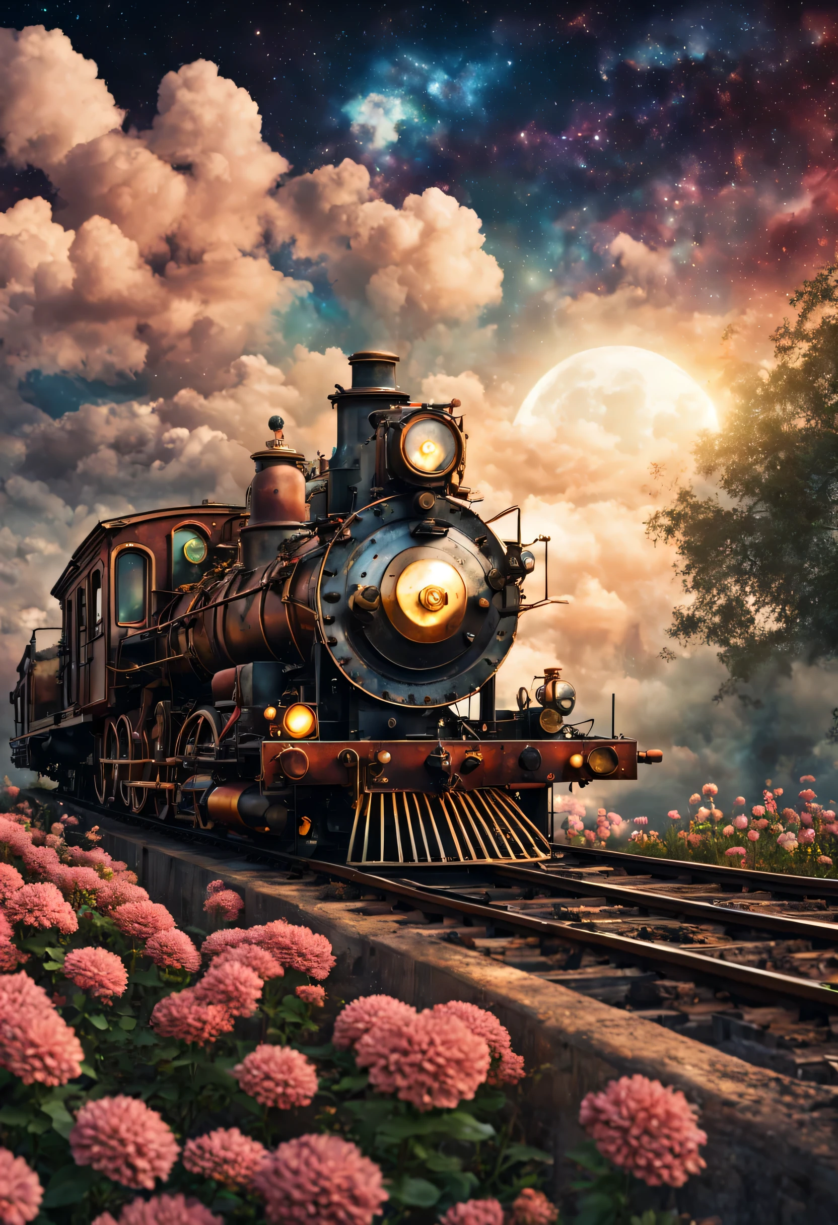 A vintage steam locomotive rides along rusty rails to a station overgrown with flowers with large stained glass windows.... steampunk style. Against the background of the cosmic sky