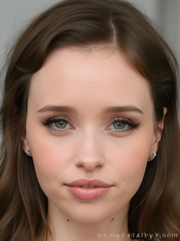 slavic woman, woman ,brunette with long brown hair, light brown eyes, posing for a picture, photorealistic beautiful face, realistic beautiful face, photo realistic, hyper realistic face, photorealistic faces, ((portrait of Felicity Jones)), beautiful and realistic face, ultra realistic portrait,25 year-old, (brunette hair), shoulder-length curvy hair, ((deep set eyes)), ((brown eye color)),  plum color lipstick, (((very thin eyebrows))), (((winged eyebrows))), thin lips, big eyeliner, black eye shadow, pearly white face skin, closed mouth, (((mean face))), (((serious face))). 