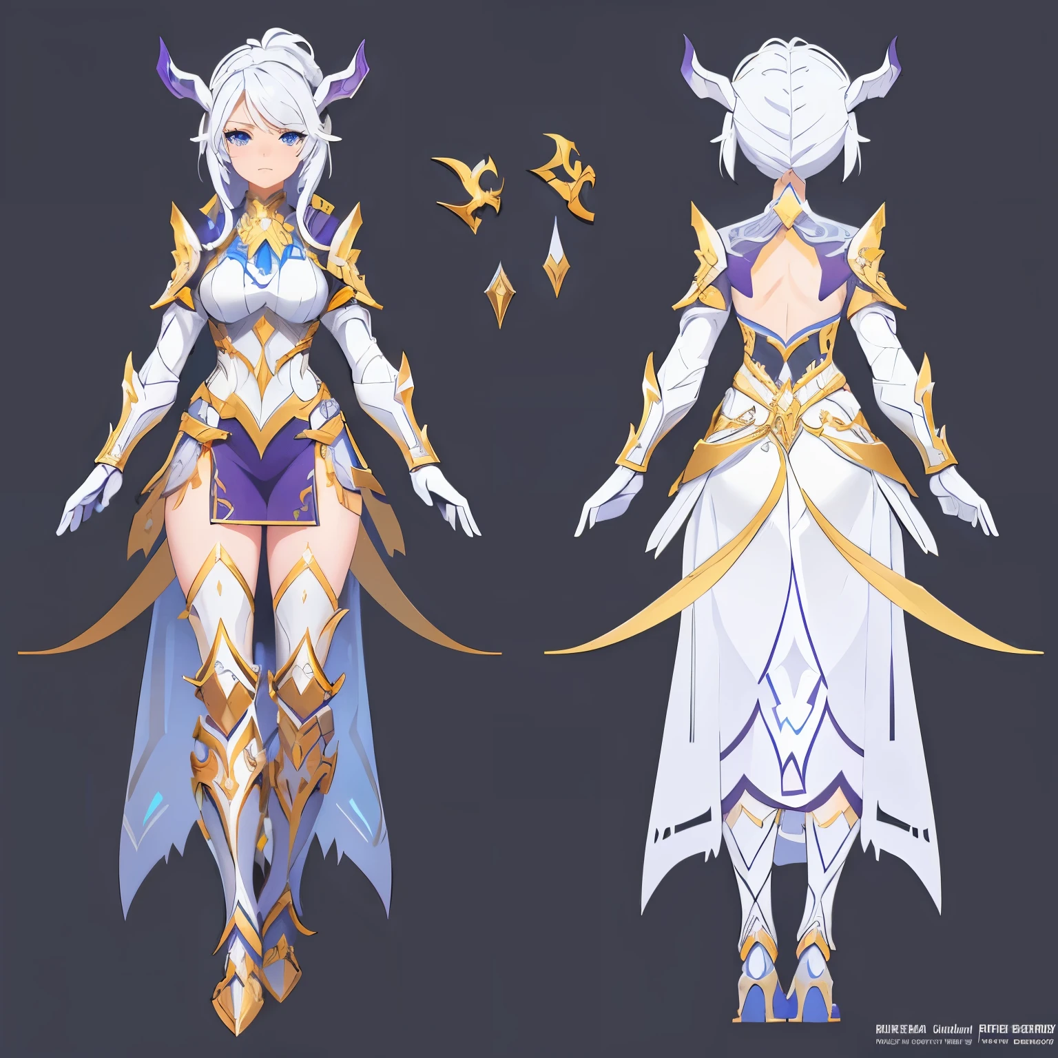 multiple views,1girl,draenei , paladin in armor with gold accents, long white hair,simple background,white background,full body