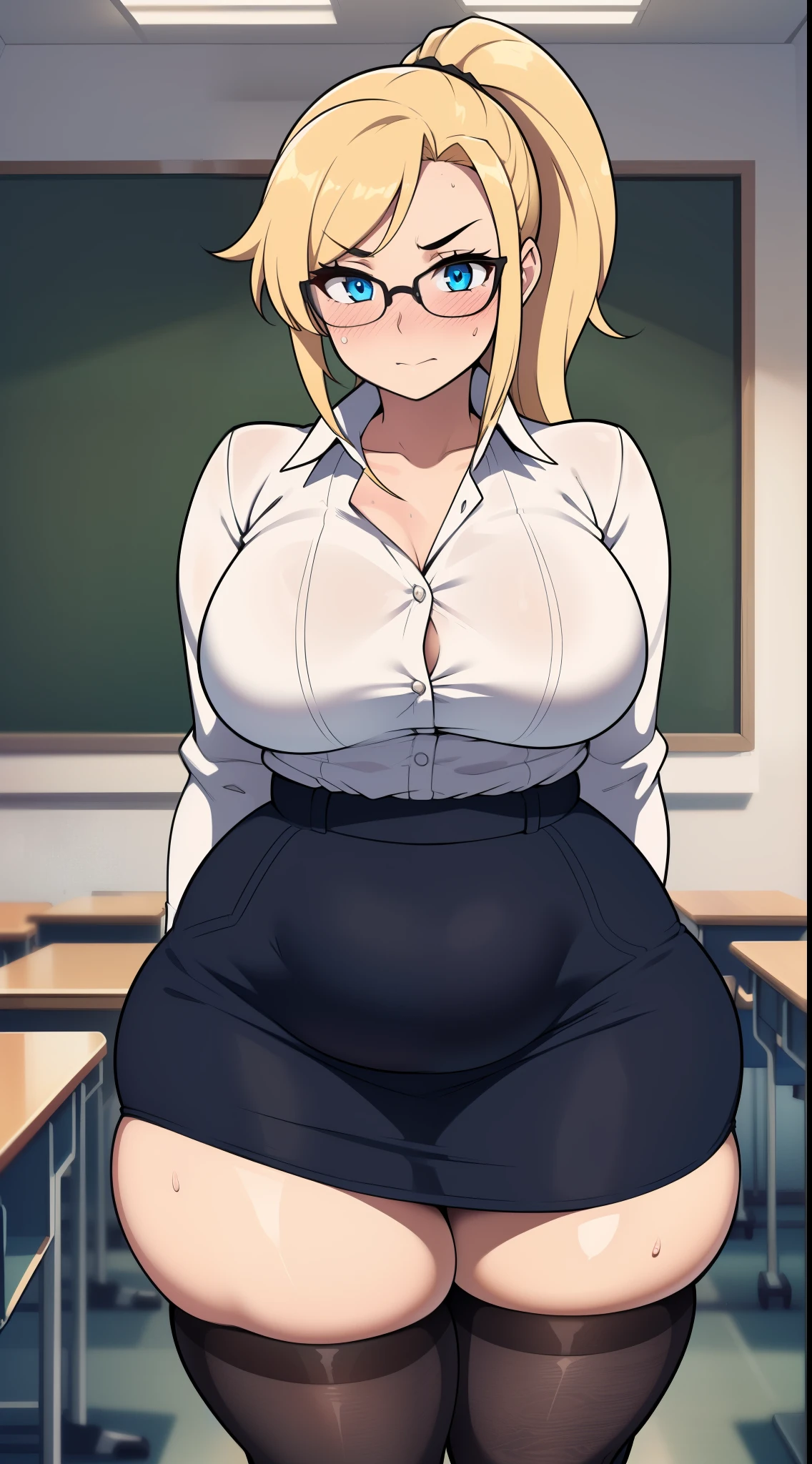 , ((highres)),Masterpiece, high quality, best quality, beautiful, perfect lighting, detailed face, ultra cute face, ((1girl)), ((solo), long blonde hair, ponytail, blue eyes, glasses, embarrassed look, masochist, aroused, ((blush)), looking at viewer, arms crossed, standing in a classroom, (classroom), daytime, dress shirt, pencil skirt, (tight clothes), (pudgy), (thigh highs), ((wide hips)), (((thick thighs))), medium breasts, perky breasts, 24 year old female,