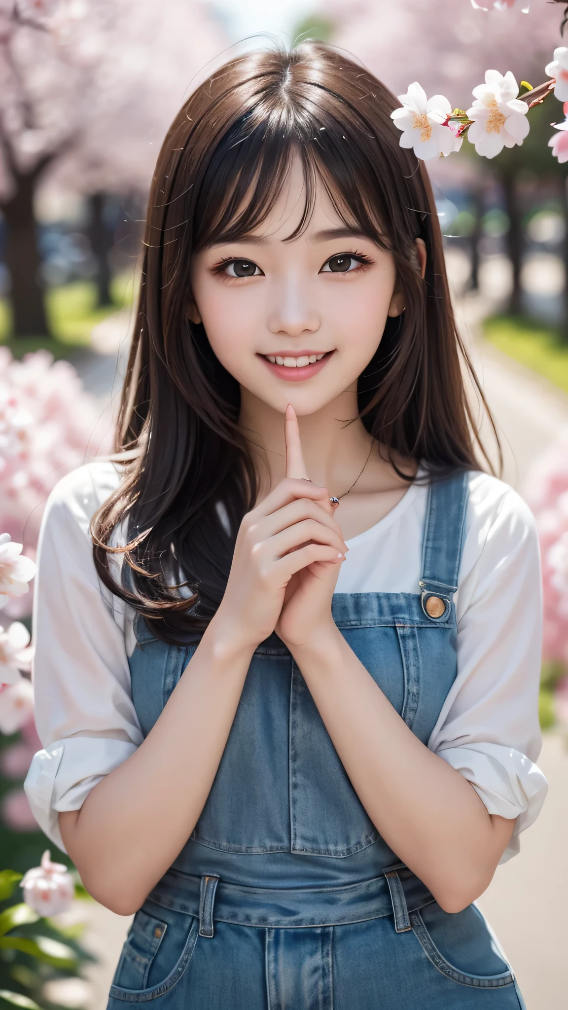 (1ung girl), cute face, kawaii, Brown hair, instagram beautiful girl photos, great smiles, (Best Quality:1.3), (Ultra-detailed), (extremely detailed CG unified 8k wallpaper), Highly detailed, High-definition raw color photos, Professional Photography, cherry blossom, colorful pictures, colorful photos, depth of fields, 