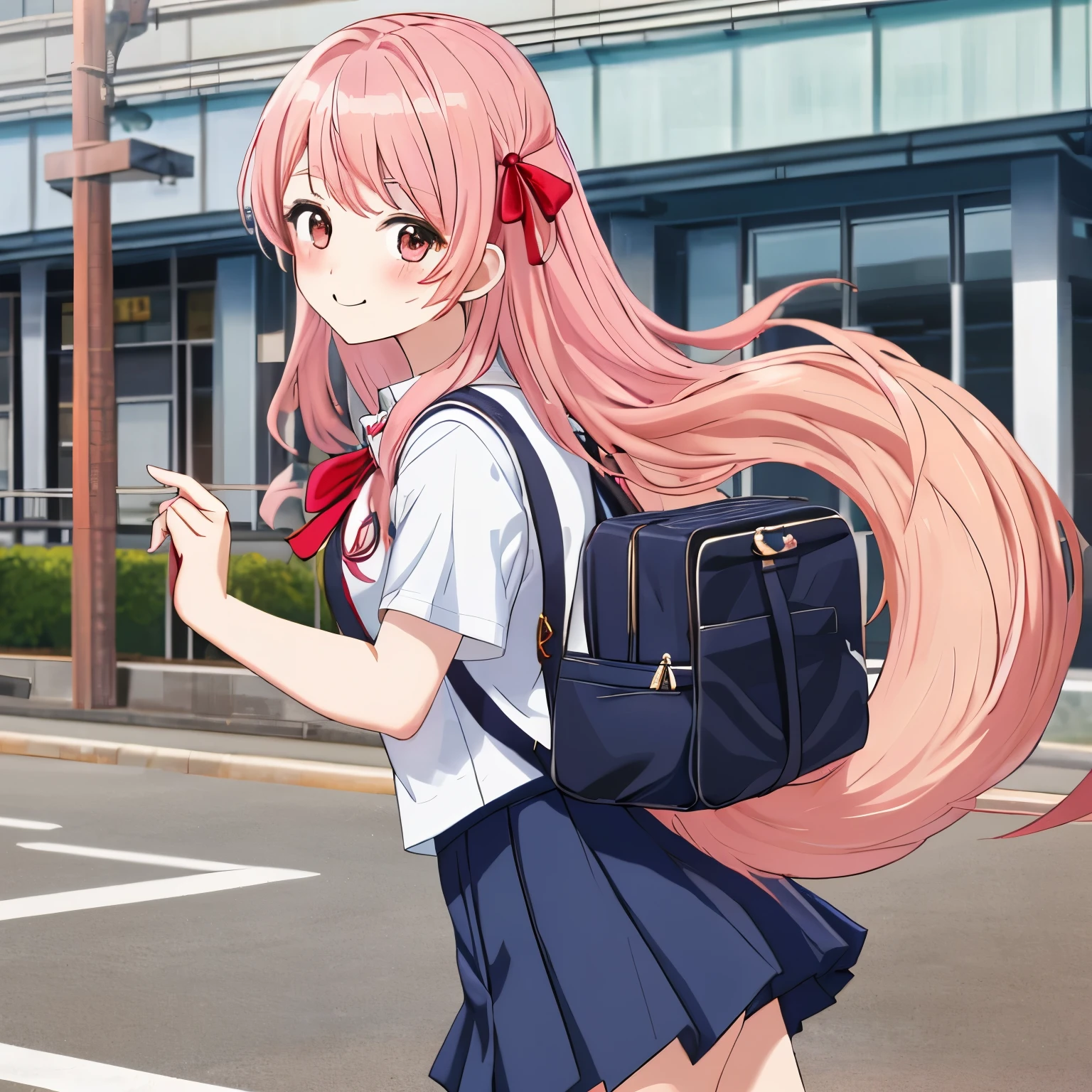 pink hair、Side tail、Red Ribbon、neutral、cute、school uniform、Returning from school、Smile