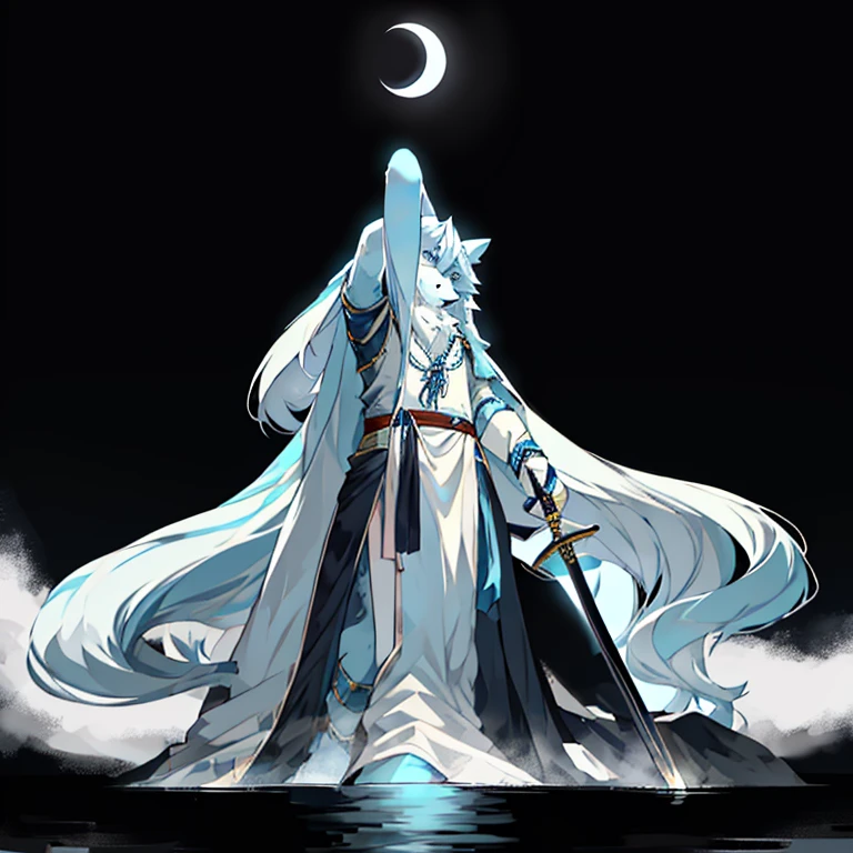 light blue and white wolf，furry，long hair，A black strip of cloth covers the eyes，Armed with a three-foot long sword，A crescent moon behind the back，stand on water