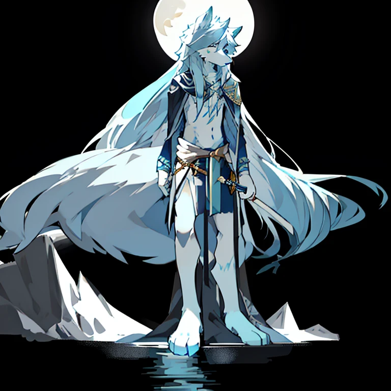 light blue and white wolf，furry，long hair，A black strip of cloth covers the eyes，Armed with a three-foot long sword，A crescent moon behind the back，stand on water