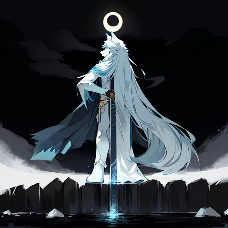 light blue and white wolf,furry,long hair,A black strip of cloth covers the eyes,Armed with a three-foot long sword,A crescent moon behind the back,stand on water