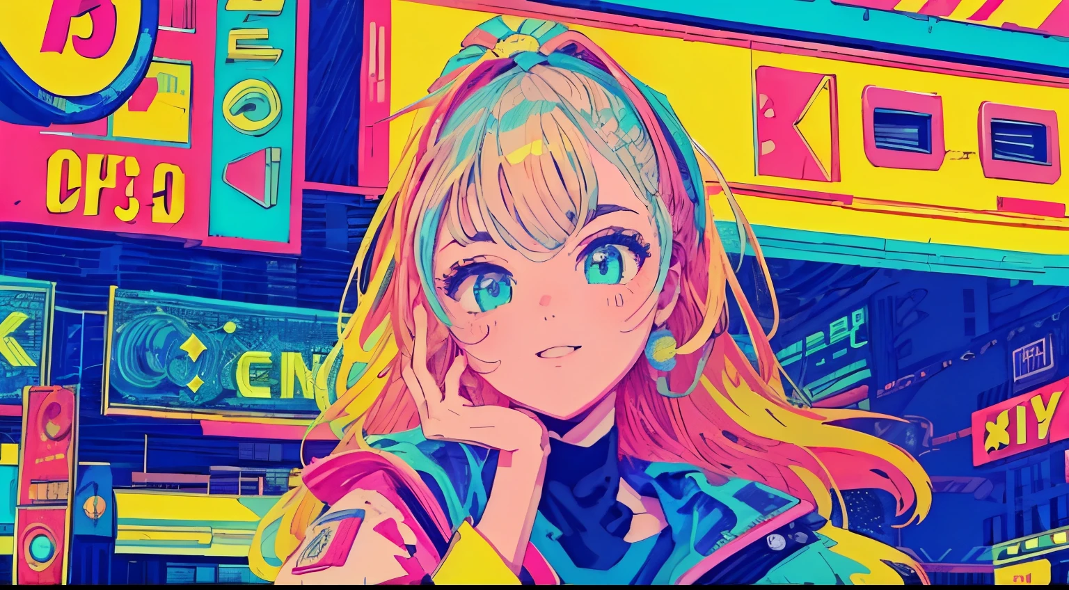 best quality, 4K wallpaper, masterpiece, extremely detailed CG unity 8k wallpaper, extremely detailed eyes, ultra-detailed, intricate details, close up 1 happy girl in center, retro art style, neon_pop art style, public, outdoors, road sign, city, people
