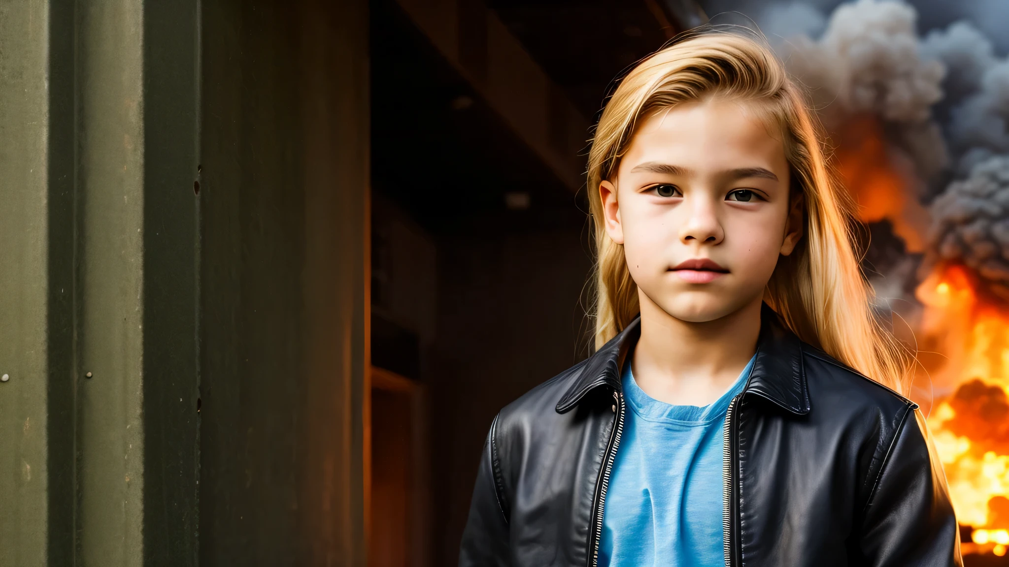 KIDS MAN ROCK LEATHER JACKET BLONDE LONG hair, portrait photo, DANGEROUS NUCLEAR EXPLOSION
