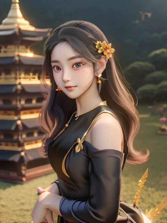 masterpiece, best quality, girl, solo, ((mature female)),, long hair, hair, princess, black dress(dress) (golden dress) fantasy, happy, looking at viewer, cartoon, anime, (oil painting)Burmese girl, 18 years old, Bagan pagoda view background, clear Hd 8k