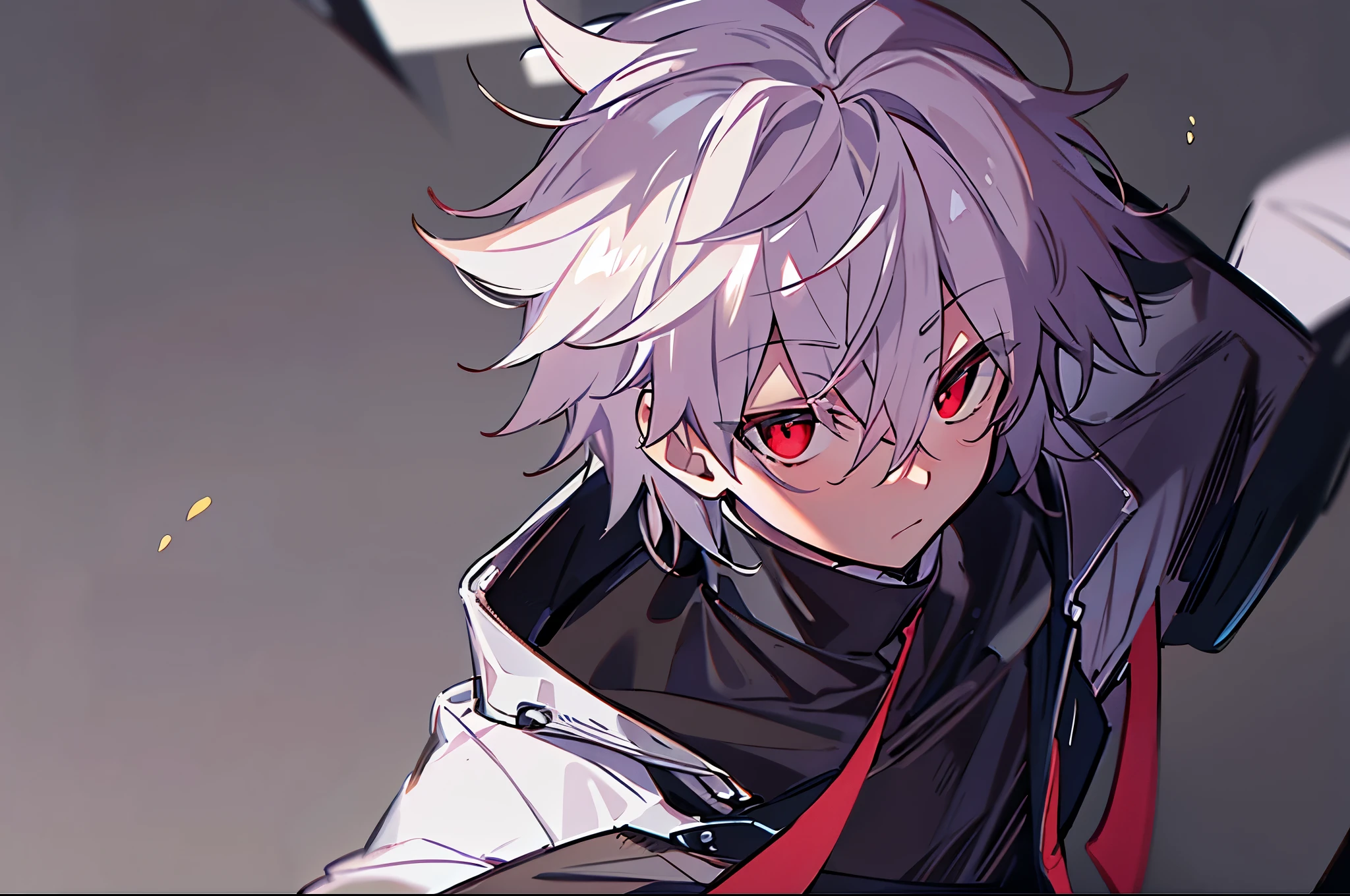 hight resolution,Anime boy with white hair and red eyes staring at camera, red eyes,slim, dressed in a black outfit,Shadow Body,Brown skin,monochromes,hair messy,Diagonal angle