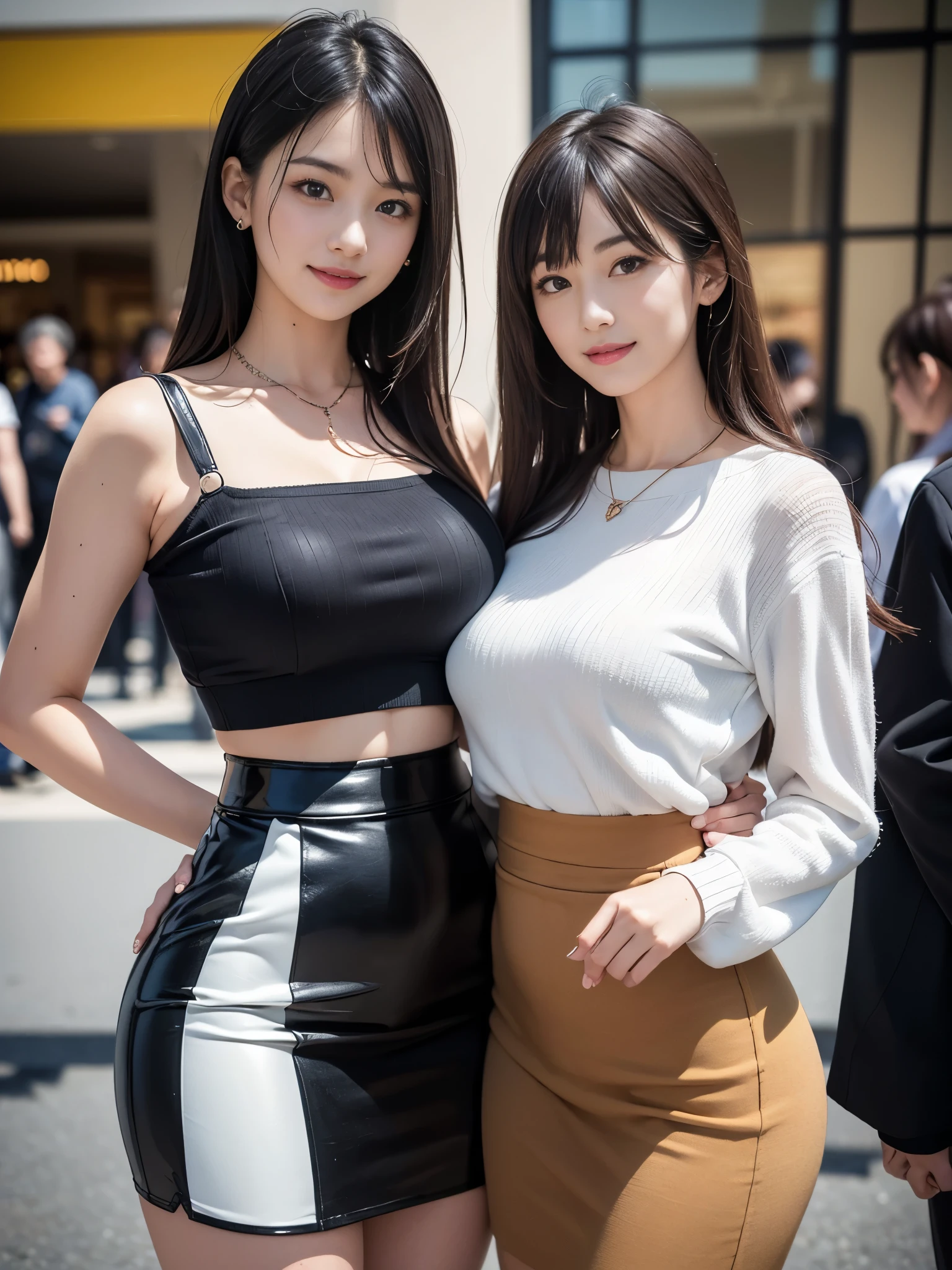 (Best Quality, Masterpiece, Photo realistic, Ultra Detailed, ultra high res, raw:1.3), (2 girls:1.3), beautiful, Japanese, mature, 28yo, (tight knit, pencil skirt), (smile), long hair, bangs, high-waist, necklace, shopping mall, cowboy shot, good thigh, (big breasts:1.3)