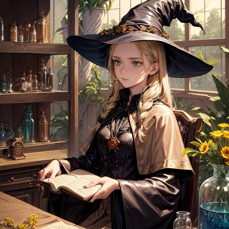 (A witch around 25 years old holding a thick leather bound book.:1.3)、 beige dress black cloak、dark brown long boots、green eyes、flaxen long braided hair、 troubled face、large sapphire brooch、sunroom、Chemistry Experiments、big pot、Many dried flowers hanging from the ceiling、(colors on the desk々Many medicine bottles of different colors:1.2)