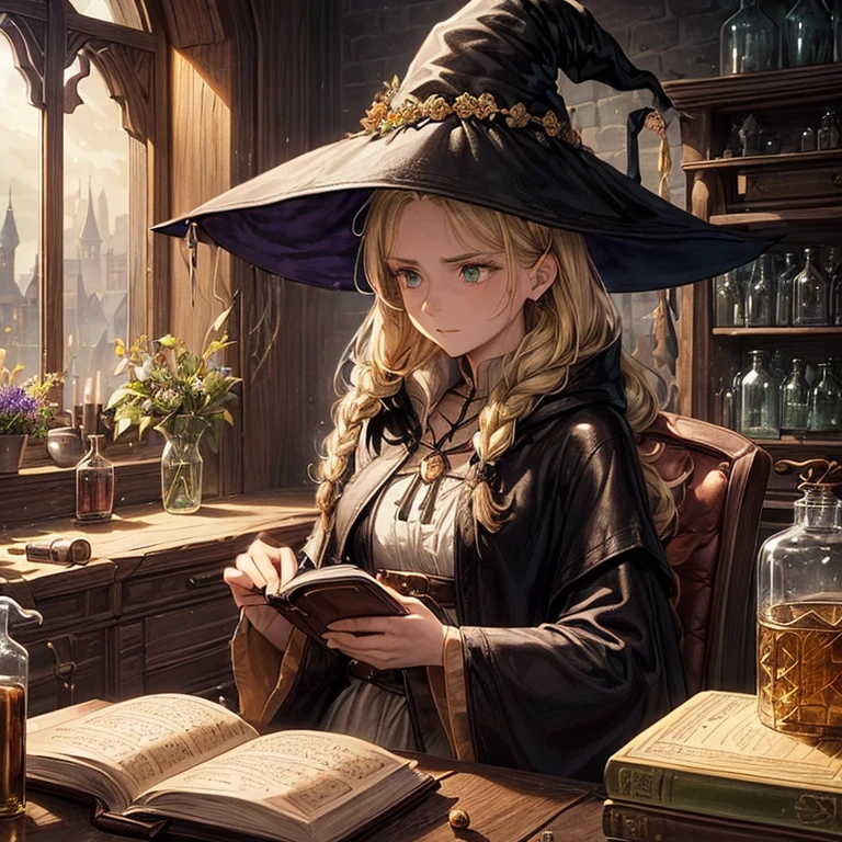 (A witch around 25 years old holding a thick leather bound book.:1.3)、 beige dress black cloak、dark brown long boots、green eyes、flaxen long braided hair、 troubled face、large sapphire brooch、sunroom、Chemistry Experiments、big pot、Many dried flowers hanging from the ceiling、(colors on the desk々Many medicine bottles of different colors:1.2)