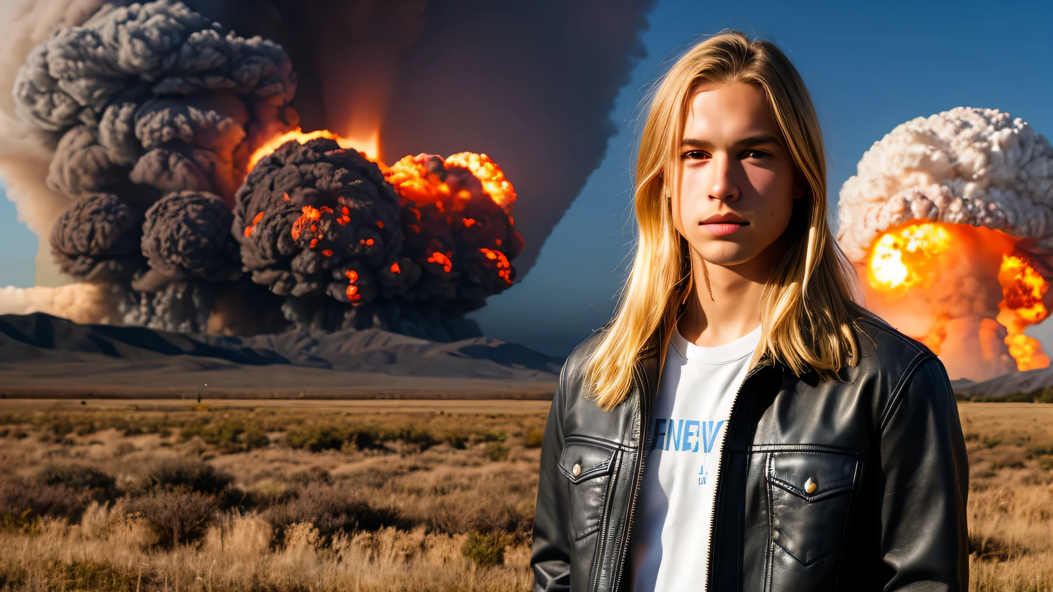 KIDS MAN ROCK LEATHER JACKET BLONDE LONG hair, portrait photo, DANGEROUS NUCLEAR EXPLOSION