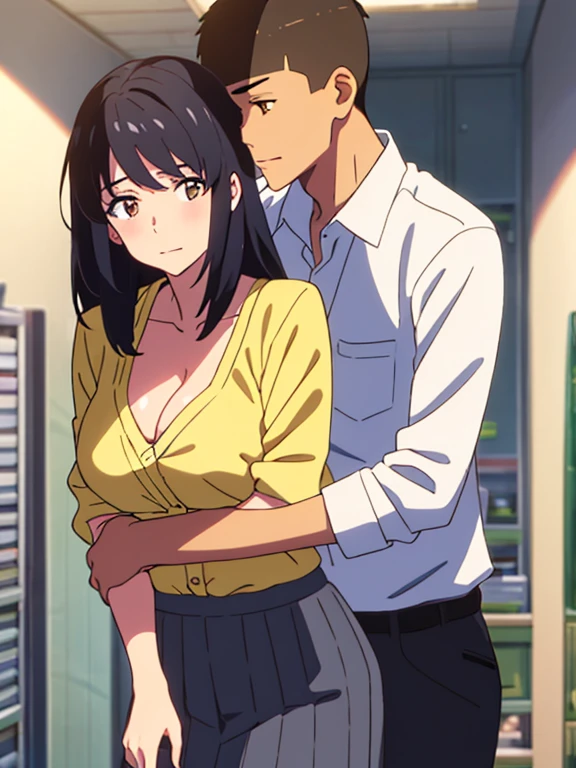 shinkai makoto, kimi no na wa., 1boy, buzzcut,office suit, boy caressing girl's body, kiss cheeks, passionate hug, boy is hugging from behind, breast groping from behind, 1girl, bangs, black hair, brown eyes, Twisted Half Up, red ribbon, long hair, yellow blouse, open shirt, unbuttoned shirt, pink bra, cleavage, breast, medium breast, long gray skirt, storage room, indoors, masterpiece, perfect anatomy, cowboyshot