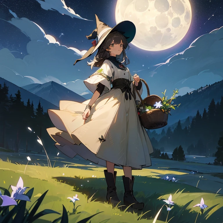 (color々A witch around 25 years old is standing there holding a large basket of medicinal herbs.) and (There is one cat with black fur.)　、Beige dress、黒colorのマント、黒colorの三角帽子、　dark brown long boots、　green eyes、　 A sloppy smile　、Bluestone Pendant、(Moonlight night:1.4)、　starry ski、　　(mountain forest grassland)　、colorとりどりの花々
