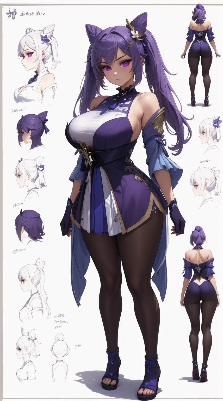 girl, solo, full body, from head to toe, standing, (Huge_Breasts:1.3),

((Character Design Sheet:1.5, character reference sheet:1.5, character turn around:1.5,)),

Keqing_a,

an anime style character in purple clothing, with long grey hair, holding a shield, 1girl, solo, keqing (genshin impact), gloves, pantyhose, full body, twintails, purple hair, cone hair bun, hair bun, looking at viewer, purple eyes, long hair, hair ornament, detached sleeves