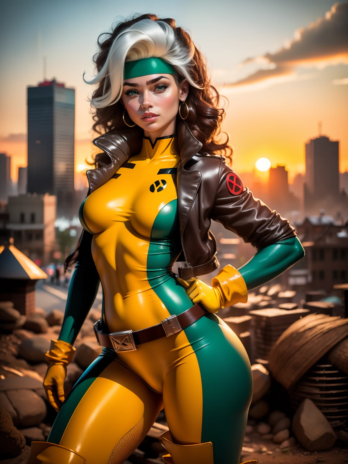 (((COMIC STYLE, CARTOON ART))), cinematic. 01 girl, solo, lonly, ****, A comic-style image of Rogue member of the X-Men posing for the photo, sesual pose.  A woman with brown hair with a white streak, green eyes and special gloves.  She wears her traditional attire with a brown leather jacket. slim body, (((Slim Hot body, sexy, sensual, camel toes ))), (((Camel Toes))). Detailed, detailed face, intricate, glowing. (((Cinematic destroyed city in background))), depth of field background.