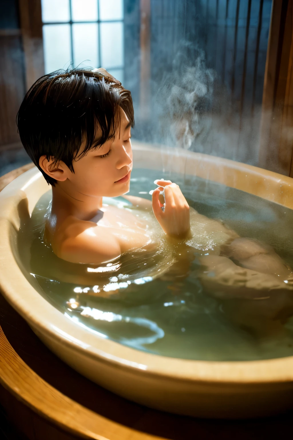 a boy taking a bath, detailed eyes, detailed lips, detailed bathtub, warm water, steam rising, cozy atmosphere, relaxing mood, clean skin, peaceful expression, traditional Japanese bath, wooden bathtub, soft light, soothing colors, high-resolution details, realistic water reflection, beautiful texture, serene atmosphere, peaceful ambience, gentle steam, crisp focus, perfect lighting, tranquil setting.
