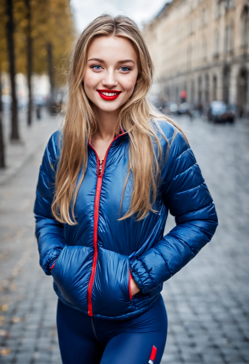ultrarealistic high quality photo of a beautiful young tall busty european girl with cute face and natural blonde long hair and beautiful embarrassed smile, realistic eyes, freckles, glossy red lips, smokey eyes makeup, wearing blue running tights and small padded jacket, full body side view street photography