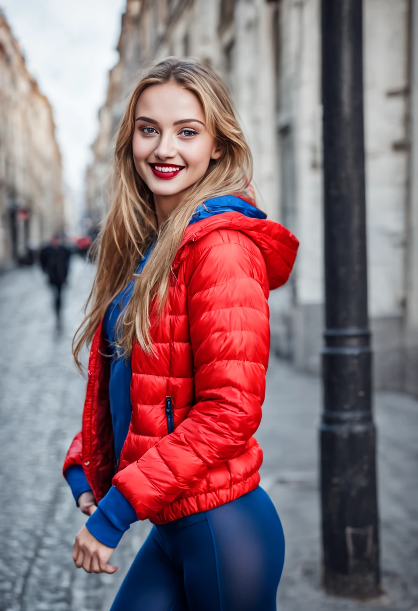 ultrarealistic high quality photo of a beautiful young tall busty european girl with cute face and natural blonde long hair and beautiful embarrassed smile, realistic eyes, freckles, glossy red lips, smokey eyes makeup, wearing blue running tights and small padded jacket, full body side view street photography
