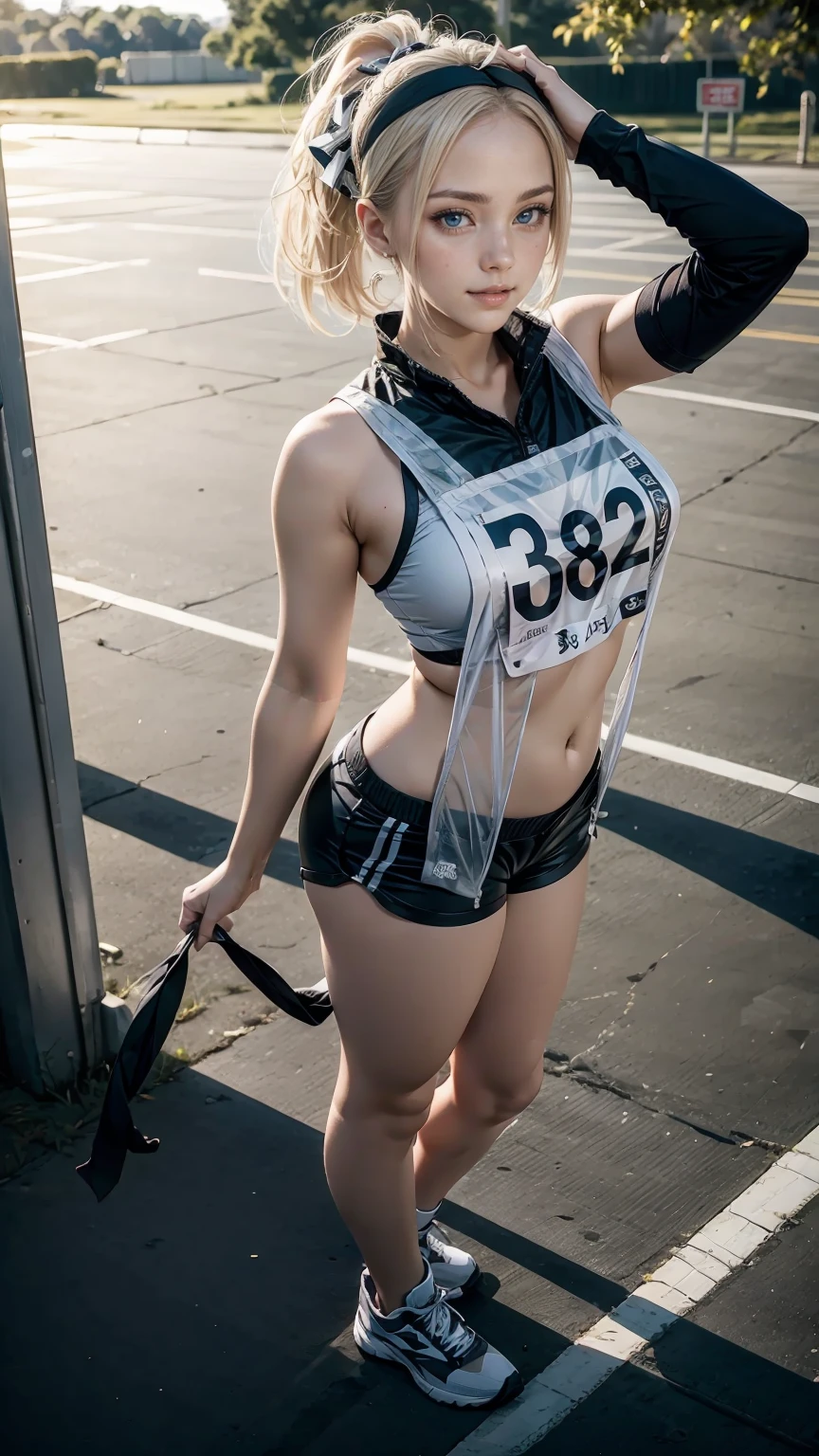 ((best quality, 8k, masterpiece :1.3)), (sharp focus :1.2, Beautiful woman with perfect body :1.4, slim abs), ((big bust, emphasize division, Underboob is noticeable:1.5)), (Photorealistic:1.4), (realistic:1.4), (ponytail hair, light brown hair:1.5), Highly detailed face and skin texture, fine particles, double eyelid. makeup face, A little lipstick, Sex appeal, sexy etching pose, (Wearing full body fluorescent tights、Sexy pose with buttocks out against the backdrop of a night street scene。Cold gaze and licking lips。:1.3)