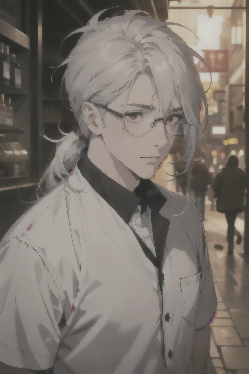 midjourney, ((best quality)), ((masterpiece)), (detailed), perfect face, 1male, handsome male, 30 to 40 years old, ((silver hair, extra long hair, messy hair ponytail)), ((red eyes)), depth of field, glasses, ((Bags under eyes)), smile, blush, fat (chubby), ((clean shaven)), vivid colors