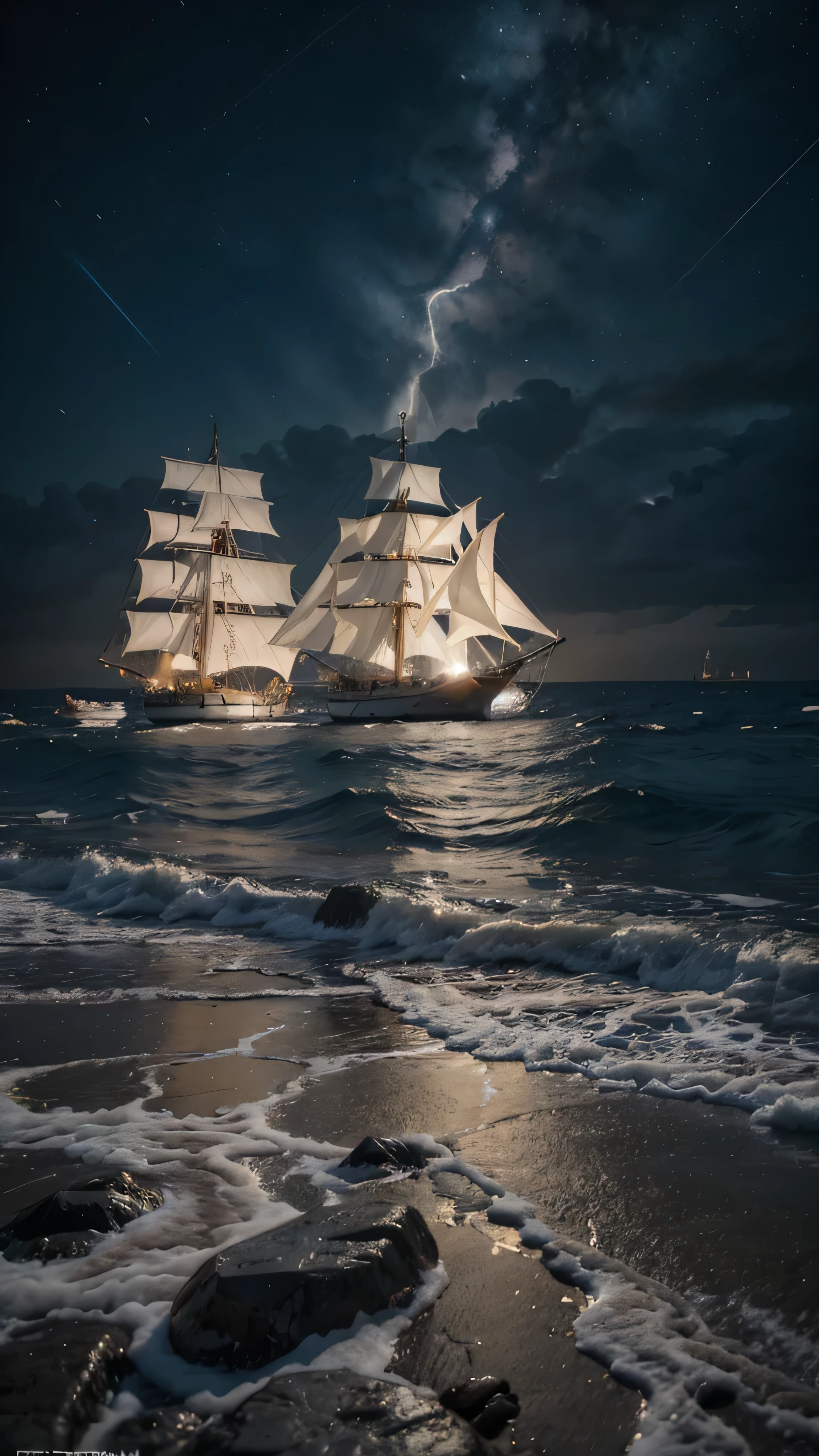 raw photo, large sailboat in the ocean off the coast ,on the shore there are palm trees and rocks and stones,изумрудная water,splatter ,water,ice,Snowfall,Element ,fantastic planets in the sky,"in the background there is a dark sky with lightning", nebula, galaxy, Focus, ultra-high quality, сверхдетализированный Focus,, high detail, 8K, photorealistic, Dazzling, Rule of thirds, depth of field, complex parts, Conceptual art, bright colors, futuristic design, Attention to detail, grandeur and awe, A stunning visual masterpiece, , hard light,