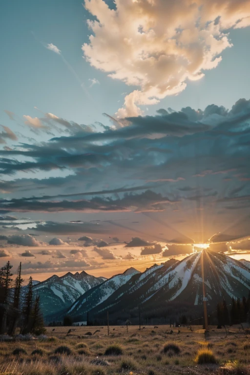 Crie uma paisagem de montanhas alpinas banhadas pelas cores suaves do nascer do sol.