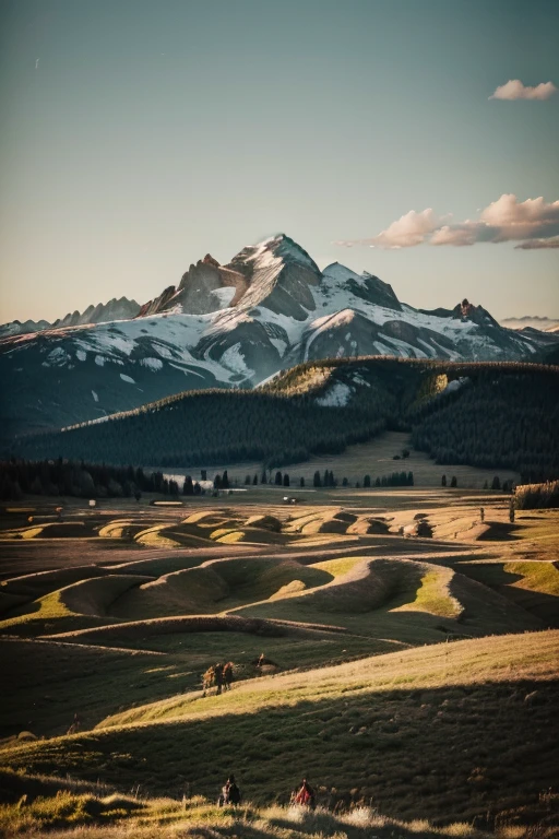 Crie uma paisagem de montanhas alpinas banhadas pelas cores suaves do nascer do sol.