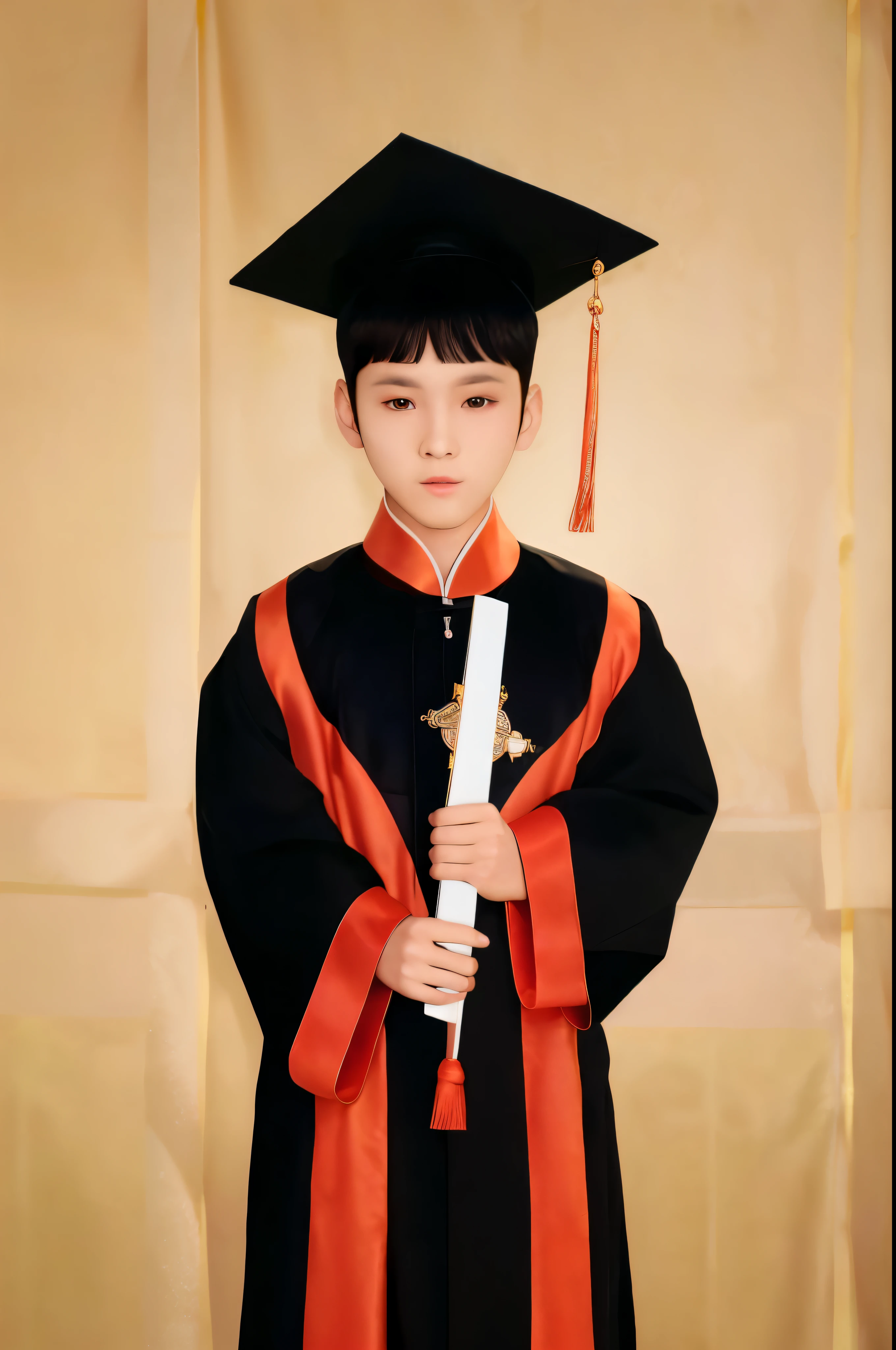 arafed photo of a boy in a graduation gown holding a diploma, graduation photo, wearing an academic gown, li zixin, cai xukun, mingchen shen, wenjun lin, jinyiwei, yihao ren, yanjun chengt, wu liu, zezhou chen, xintong chen, ???, xiaofan zhang, qiu fang