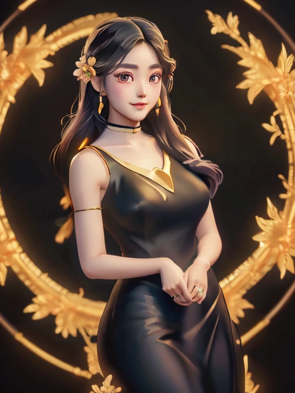 masterpiece, best quality, girl, solo, ((mature female)),, long hair, hair, princess, black dress(dress) (golden dress) fantasy, happy, looking at viewer, cartoon, anime, (oil painting)Burmese girl, 18 years old, Bagan pagoda view background, clear Hd 8k