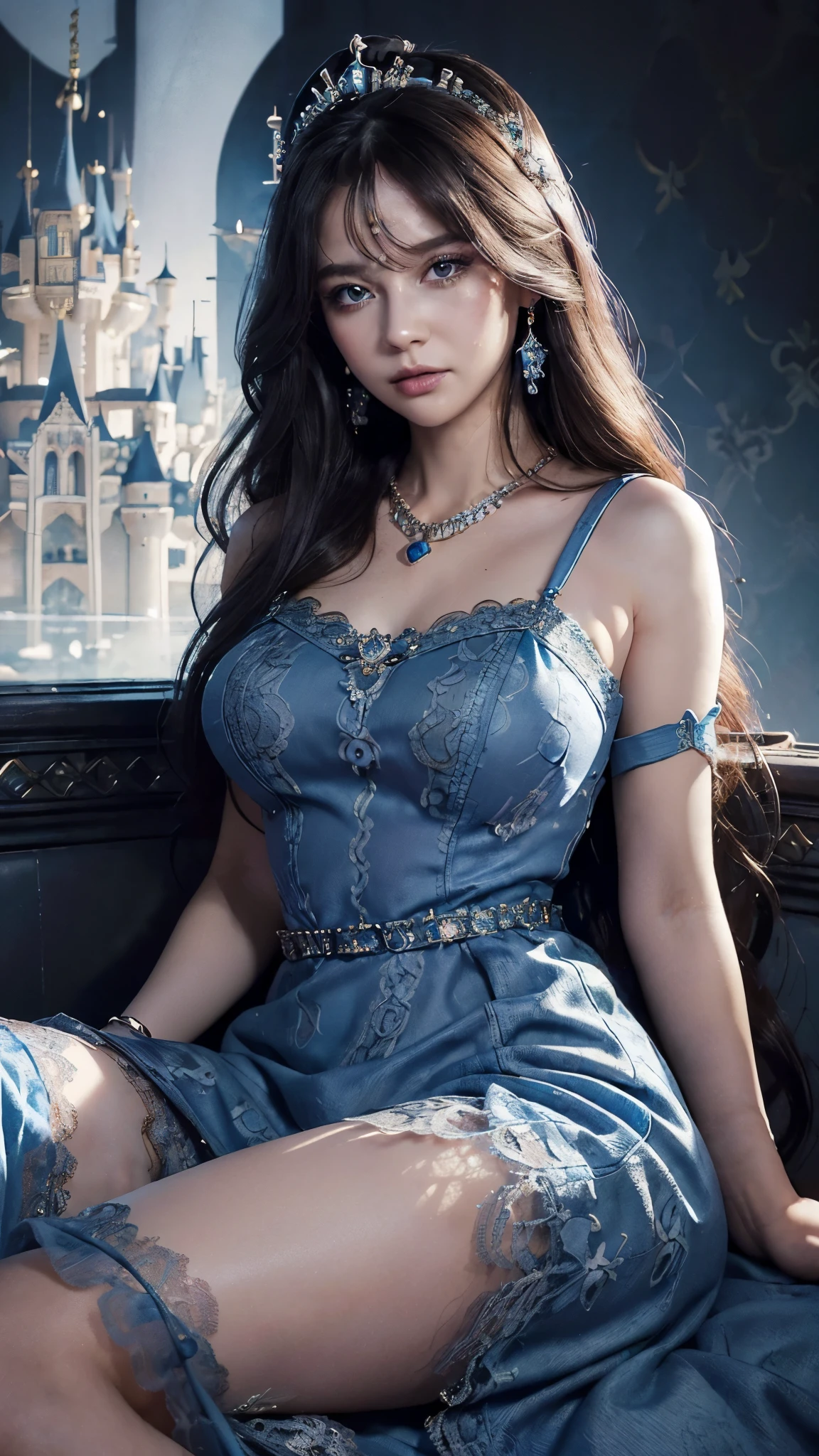 8K, ultra HD, masterpiece, realistic, 1 girl, good face, smoggy makeup, very long hair, princess hairstyle, detailed eyes, detailed lips, medium figure, very detailed dress, (blue dress:1.5), (strap:1.5), (lace:1.5), (net stocking:1), (jewelry:1.8), (princess castle background:1.5), water, bloom lighting, night lighting, darkness, sitting,