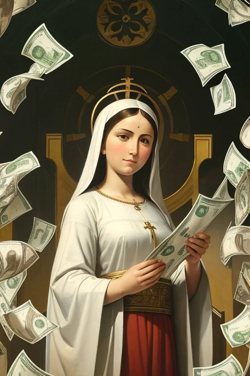 Produce a religious catolic painting of Our Lady of Money holding a lot of money