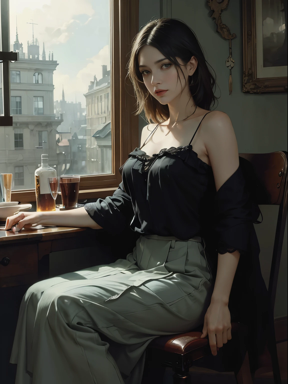 painting of woman, with influence of Jeremy Mann, Jeremy Mann, style of Jeremy Mann, Jeremy Mann painting, Jeremy Mann art, Ron Hicks, Liepke, Jeremy Mann and alphonse mucha, Works that influenced Edmund Blampid, robert lenkiewicz, Casey Baugh and James Jean, Works that influenced Willem Kalf, Nick Alm, tumbler, figurative art, Intense watercolor painting, watercolor detailed art,Beautiful and expressive paintings, Beautiful artwork illustration, wonderful, cool beauty, highest quality,official art, women only, sharp outline, melancholy, nostalgia, nostalgia,Eyes without pupils, color eye, ideal anima, In search of lost time, marcel proust, sentimental