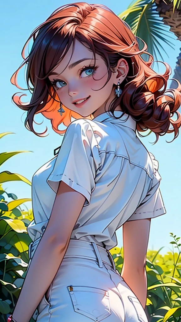highres, sharp focus, (ultra detailed, extremely detailed), (photorealistic artwork:1.37),(extremely detailed CG unity 8k wallpaper),((synthwave background theme)),(((vibrant colors))),(intricate),(masterpiece),(best quality), masterpiece, best quality, anime,1 beautiful 24 year-old lady, dark orange hair, center part, medium-short hair, (upturn curls framing face, feathered style hair), CosmiEyes, light green eyes, (beautiful and detailed description of the eyes), ultra detailed, big smile, happy, blush on cheeks, detailed body, hands kept behind back in a shy pose, (detailed face), cute, charming, ((white blouse, frilly blouse, short sleeves, girly jeans)), dynamic pose, (centered, Scale to fit dimensions, Rule of thirds), standing, nearby tree, sunny day, early afternoon, cinematic lighting, detailed background